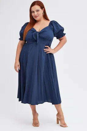 Blue Tie Front Button Midi Dress Comfy Design Bodycon-Fit