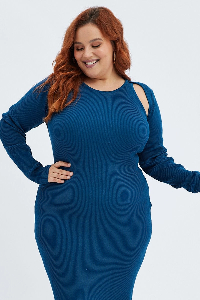 Blue Knit Dress Cutout Shoulder Midi Rib Clean Flow Sharp Design