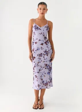 Bluma Lace Trim Midi Dress - Antique Lilac Floral Go To Wear Compact Fit