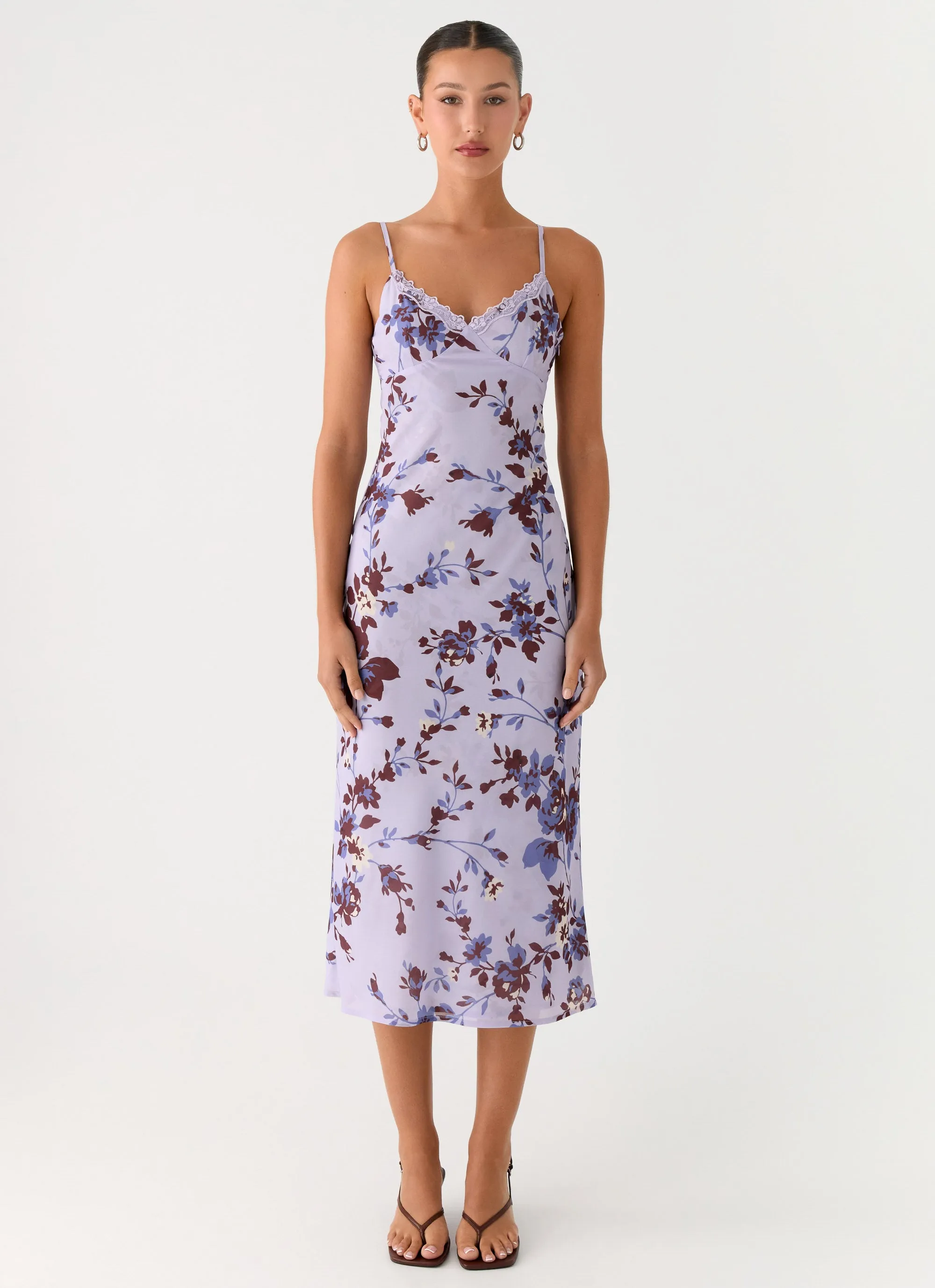 Timeless Wear Flowing Design Bluma Lace Trim Midi Dress - Antique Lilac Floral
