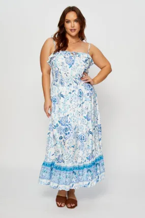 Boho Print Maxi Dress Square Neck Short Sleeve Fitted Neat