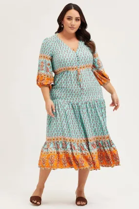 Timeless Fashion Front Detail Boho Print Maxi Dress V-neck Long Sleeve