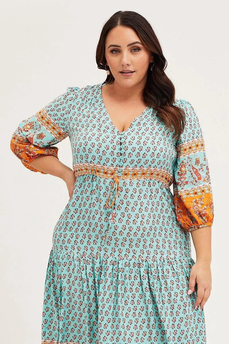 Relaxed Wear Boho Print Maxi Dress V-neck Long Sleeve