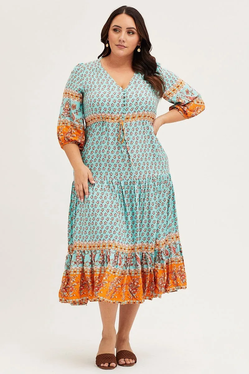 Understated Elegance knee-length Boho Print Maxi Dress V-neck Long Sleeve