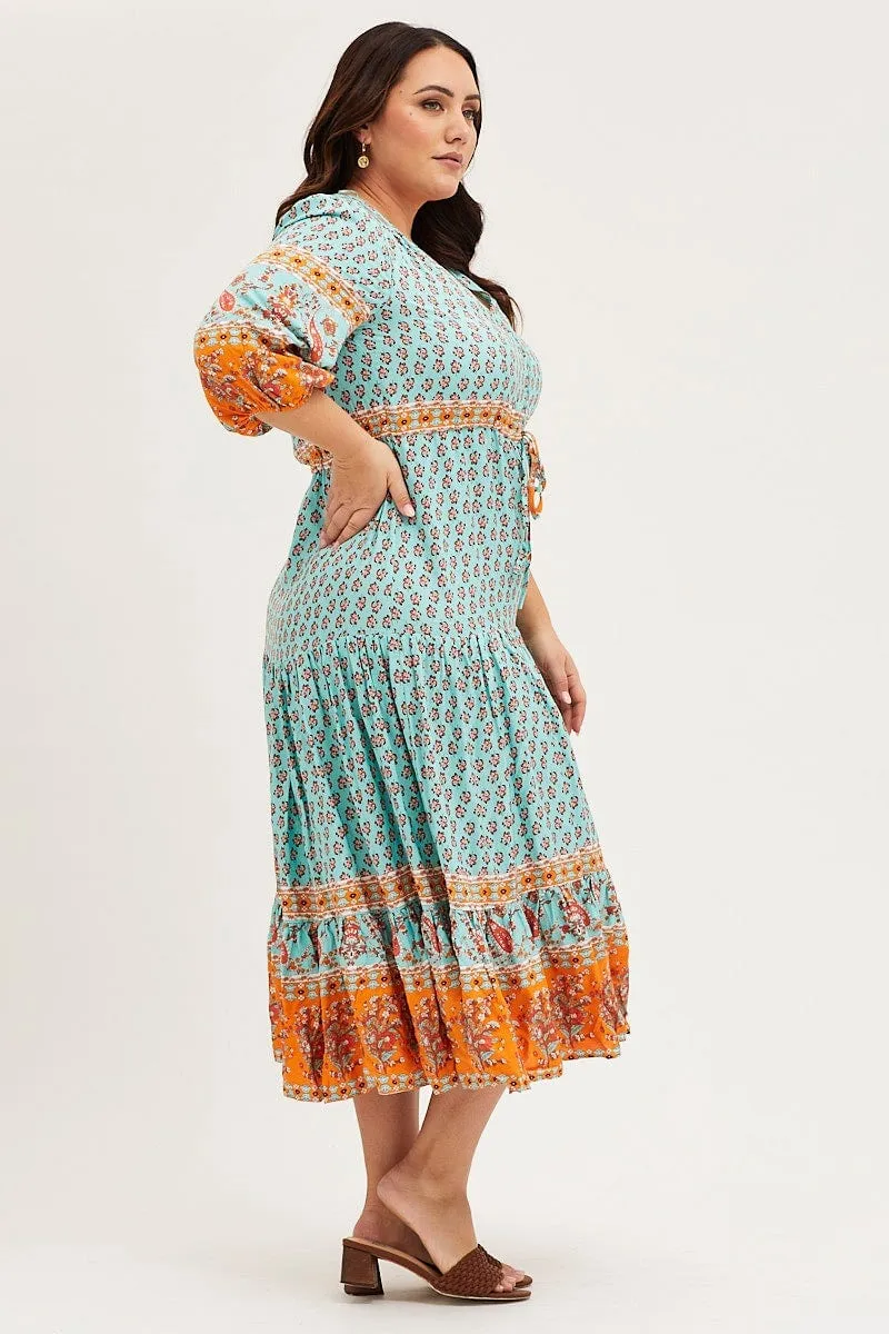 Boho Print Maxi Dress V-neck Long Sleeve Perfect Mood