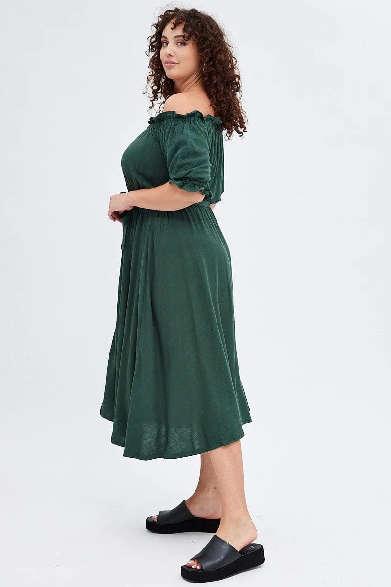 Versatile Wearable Soft Balance Green Short Sleeve Linen Button Midi Dress