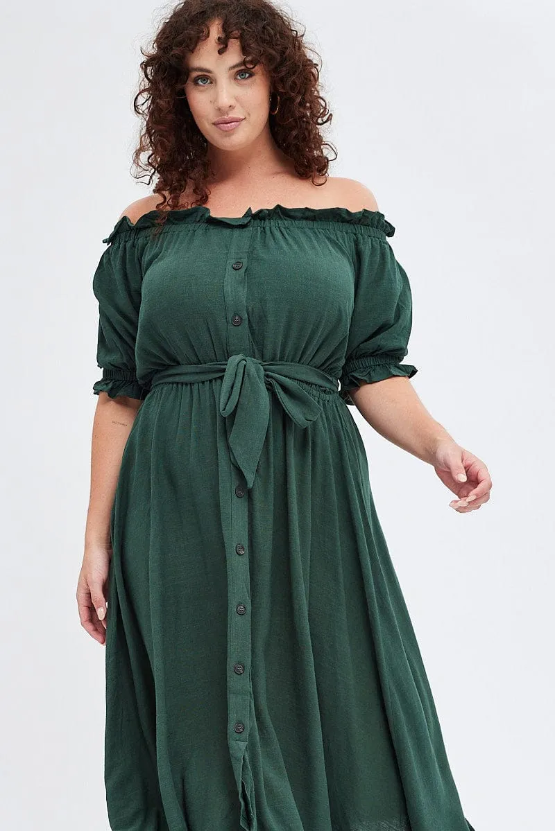 Trendy Appearance Petite friendly Green Short Sleeve Linen Button Midi Dress