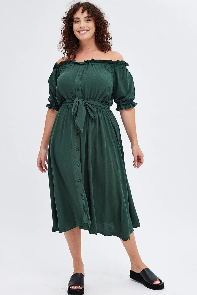 Green Short Sleeve Linen Button Midi Dress Fashionable Fit museum visit