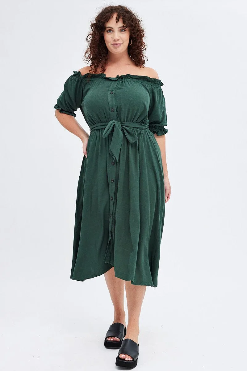 Green Short Sleeve Linen Button Midi Dress summer breeze Timeless Layering
