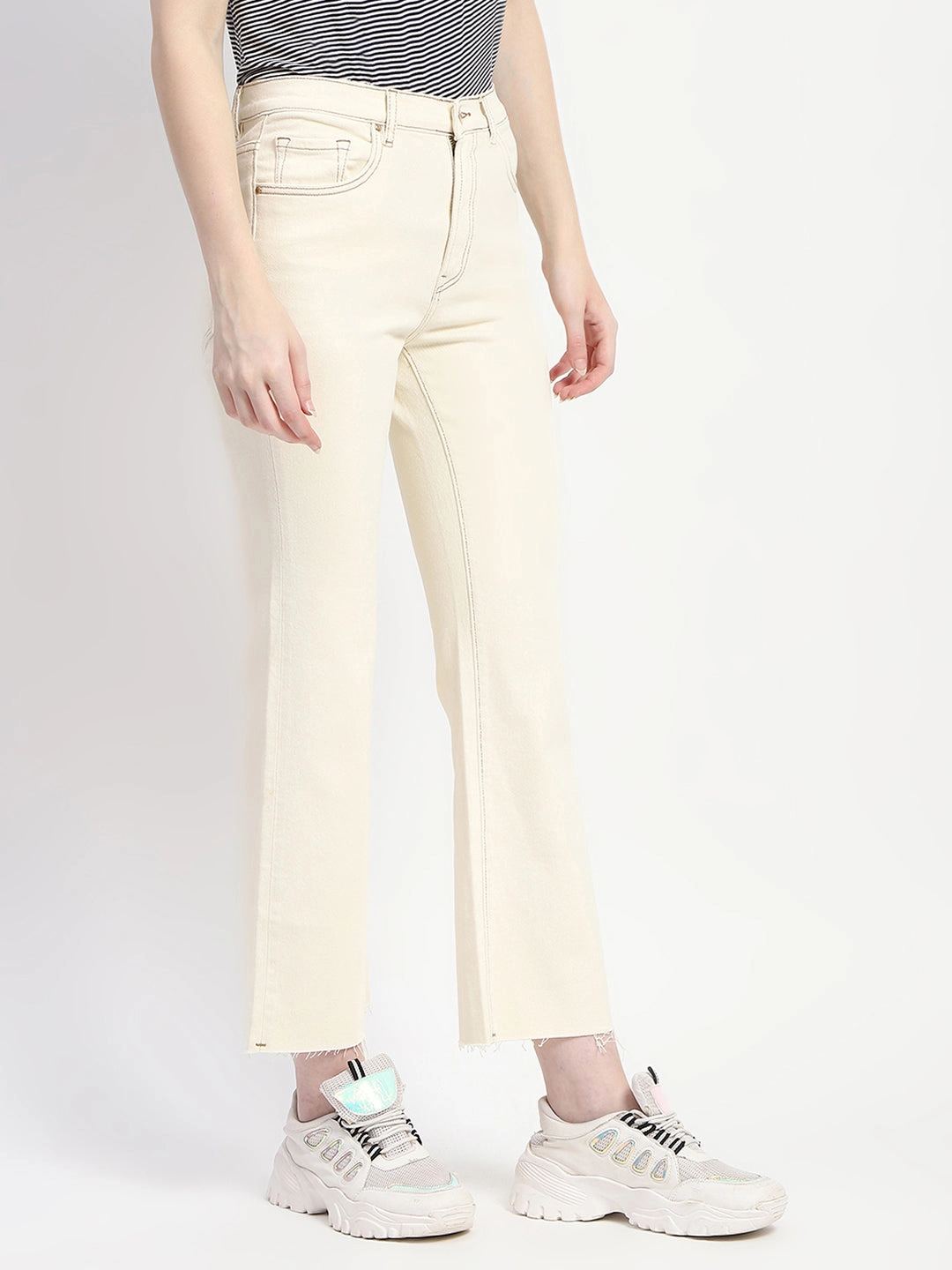 Madame Off-White Distressed Hem Flared Denim Trend Setter Road Trip Casual Moisture Wicking Technology