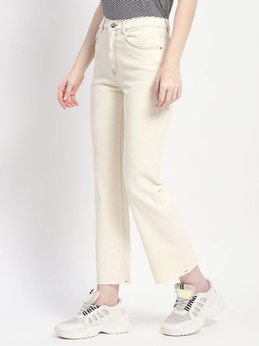 Madame Off-White Distressed Hem Flared Denim All Season Style