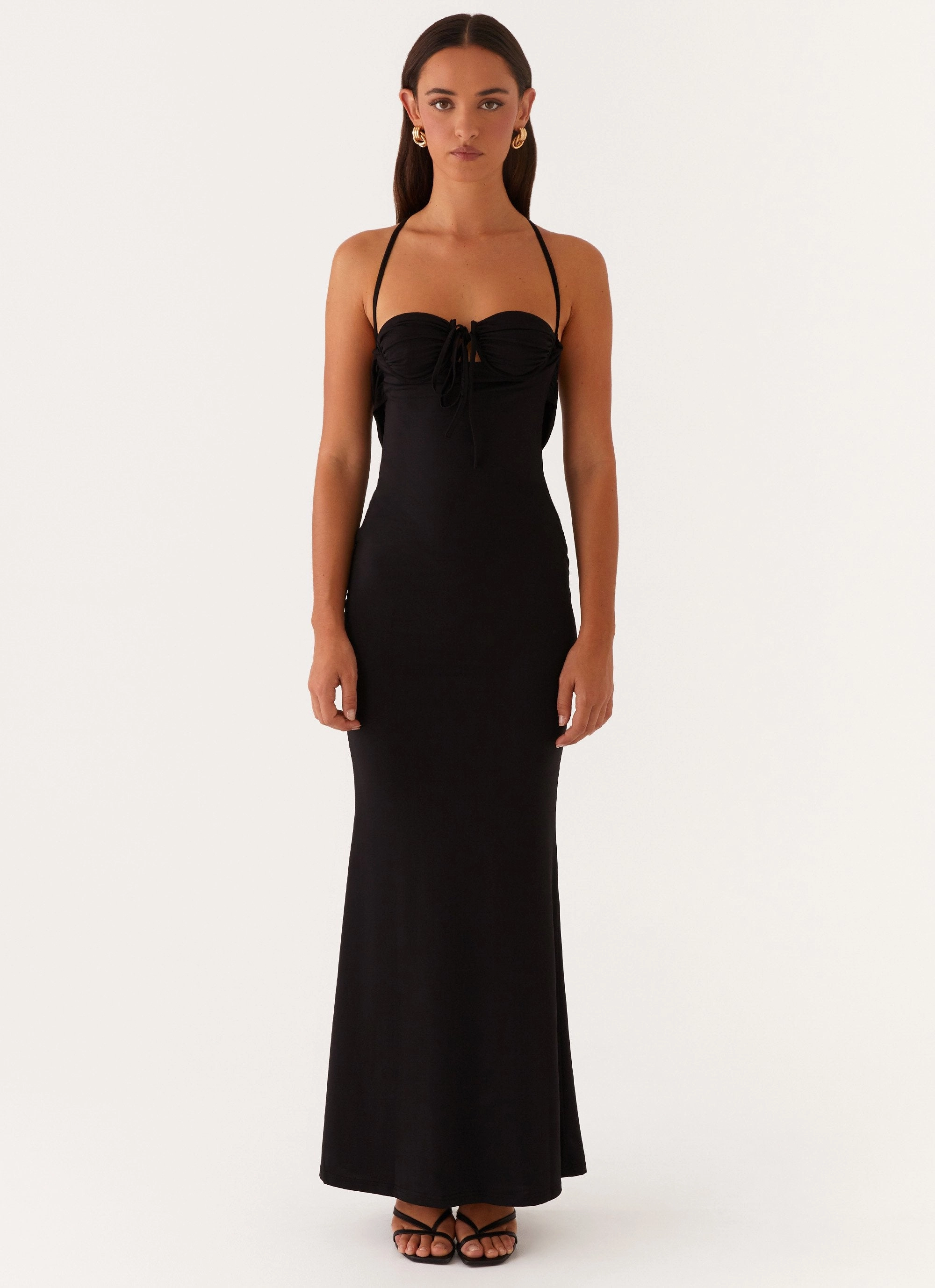Bombshell Maxi Dress - Black Flare Hem Layered Fabric