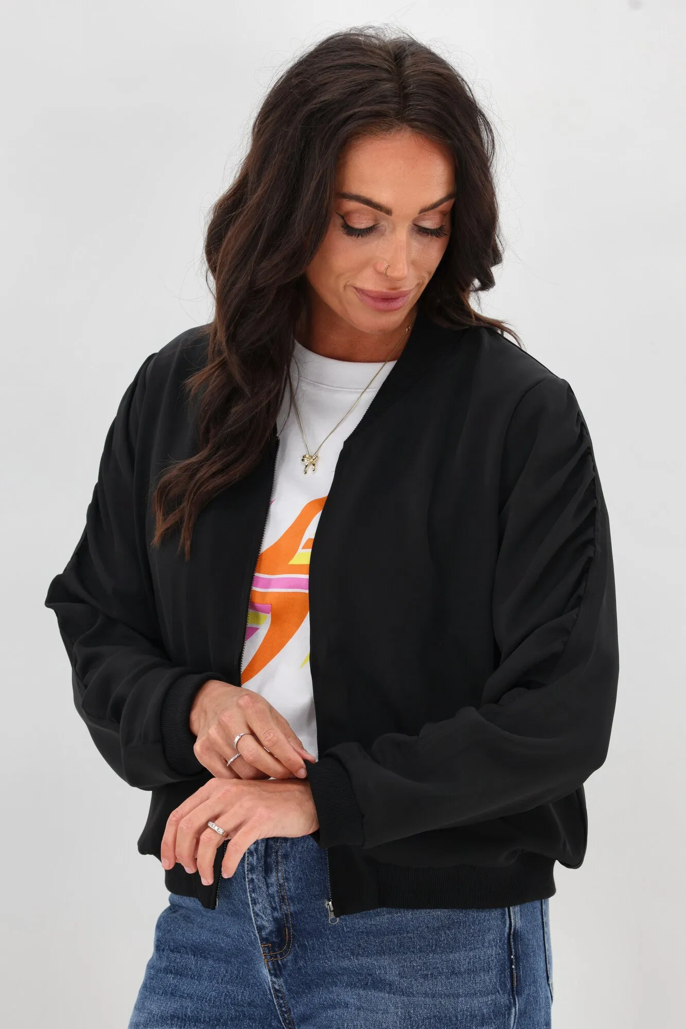 Reinforced Shoulder Panels Shine On Label Hailey Gathered Sleeve Bomber Jacket Black