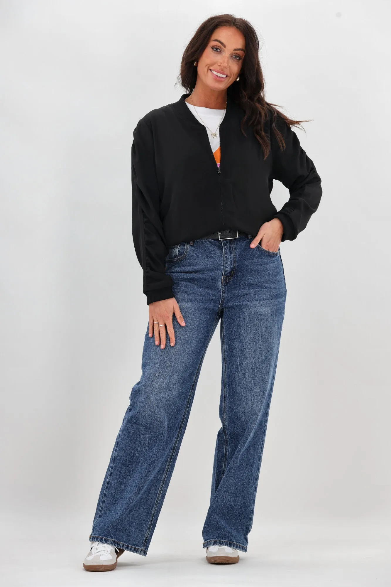 Laser Cut Vents InterchangeablePanels Shine On Label Hailey Gathered Sleeve Bomber Jacket Black