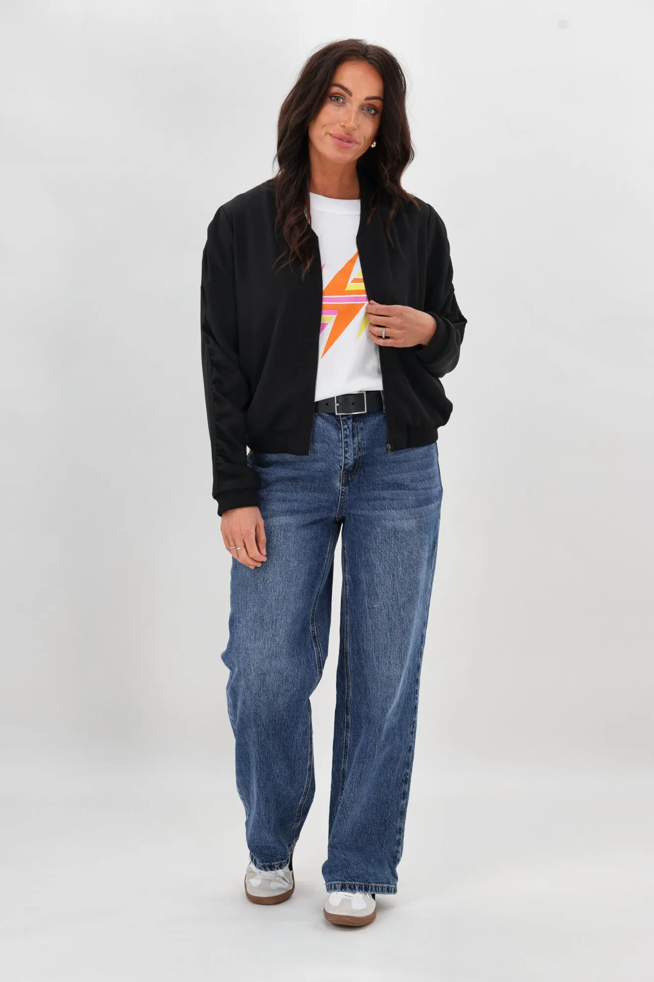 Non Bulky Insulation Tech Shine On Label Hailey Gathered Sleeve Bomber Jacket Black