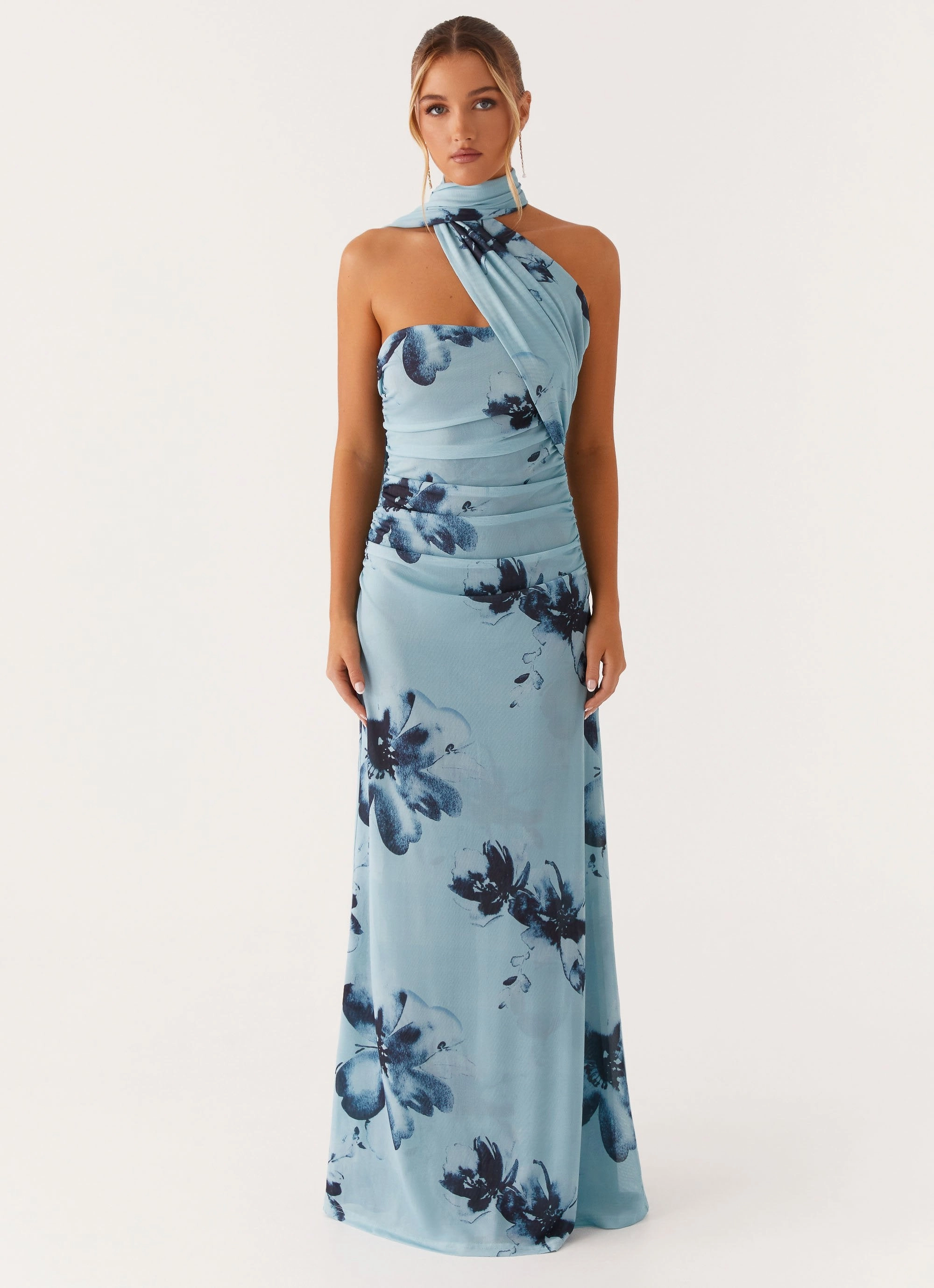 Side Slit Seasonal Fit Songbird Maxi Dress - Blue Black Floral