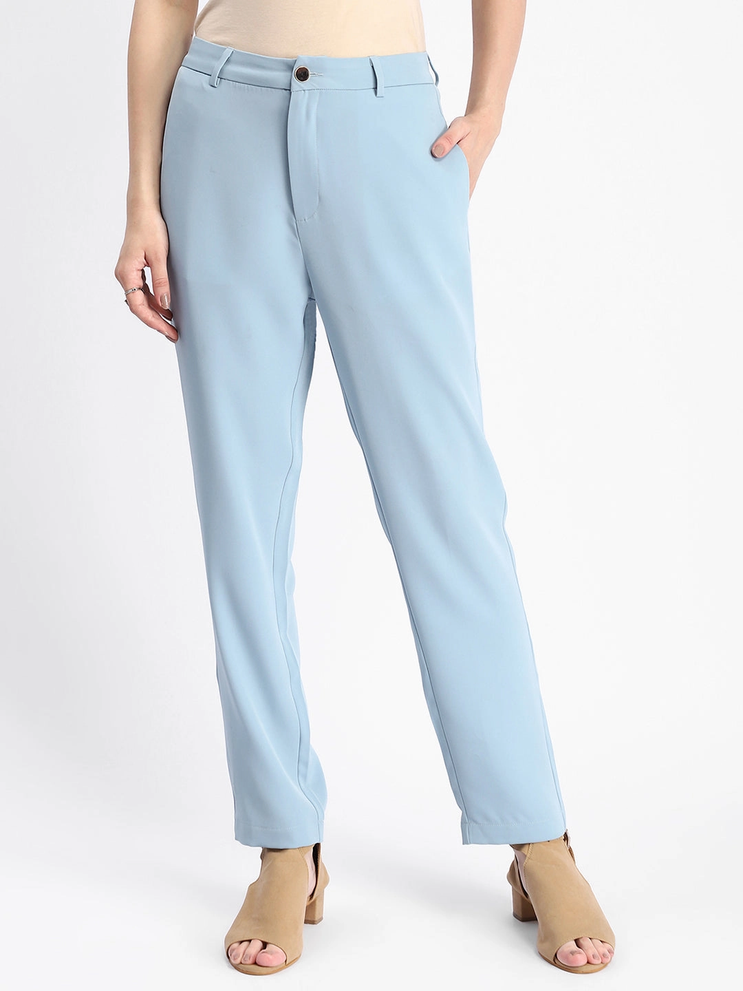 Wrinklefree Madame Sky Blue Tapered Fit Trousers