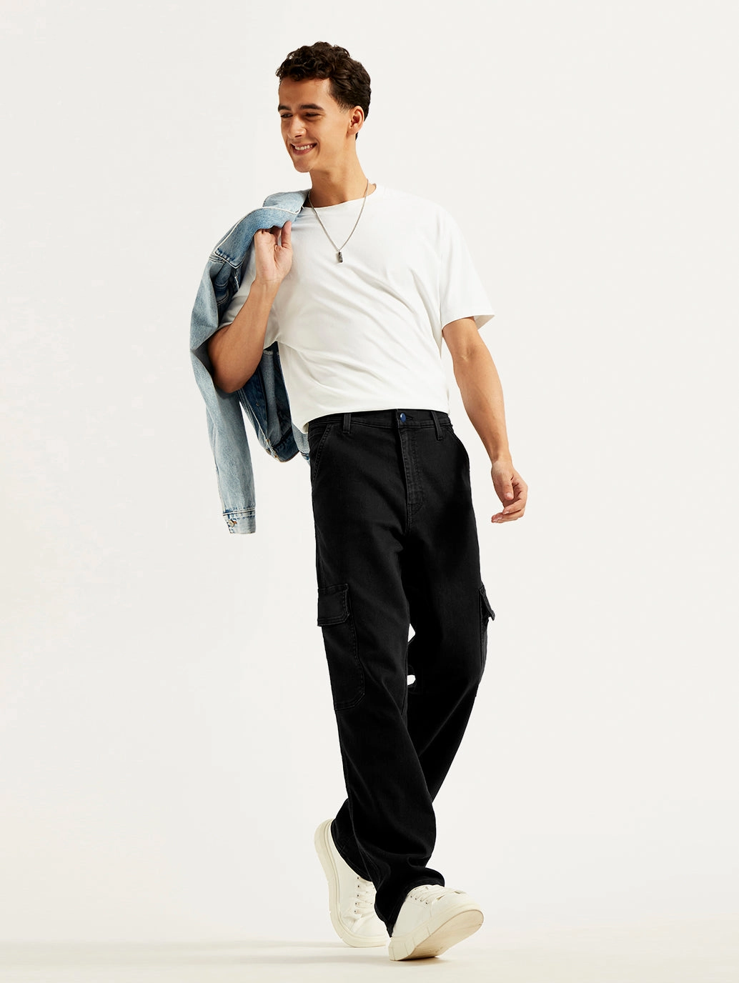 Men's 568 Black Loose Straight Cargo Trousers Premium Look