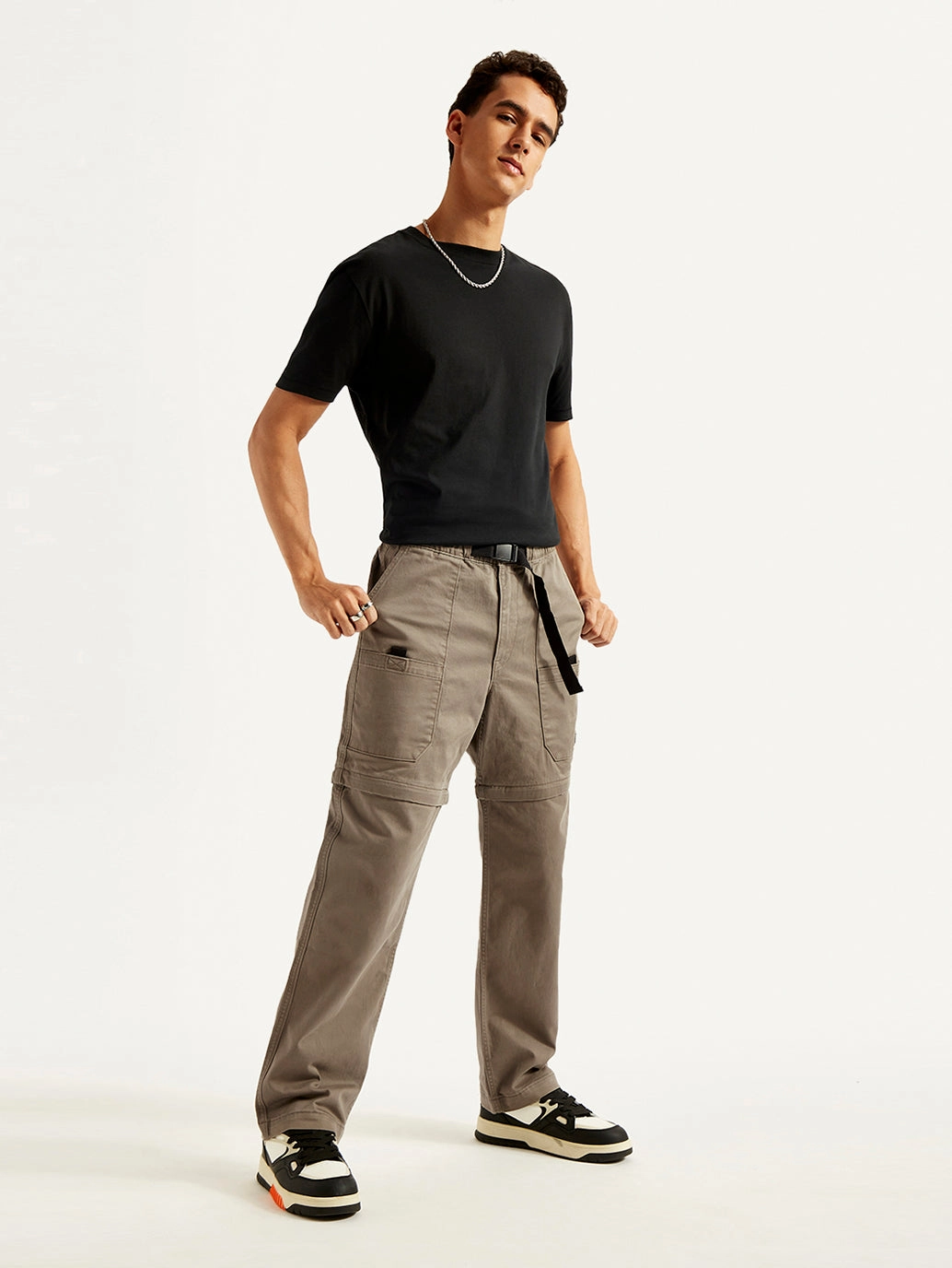 Men's Taupe Regular Fit Utility Cargo Trousers ReinforcedSeams Casual Style