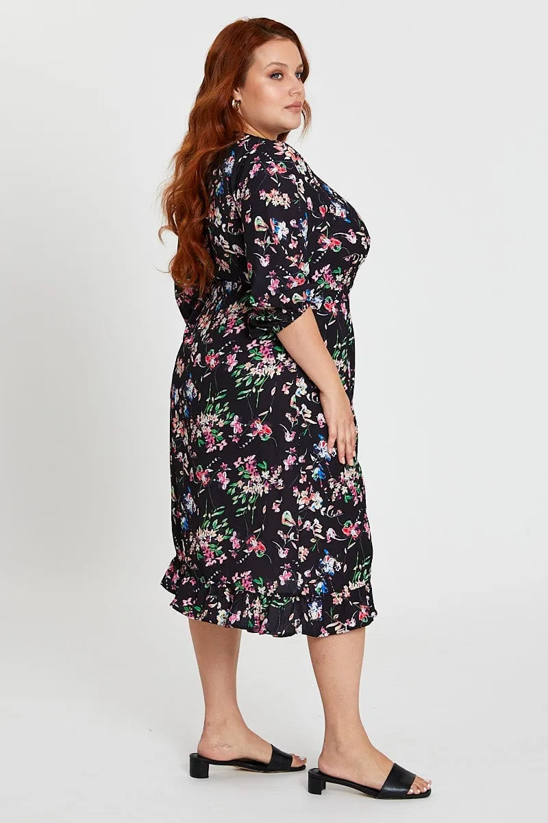 Sleek Waistband Boho Tone Floral Print Maxi Dress V-neck Long Sleeve