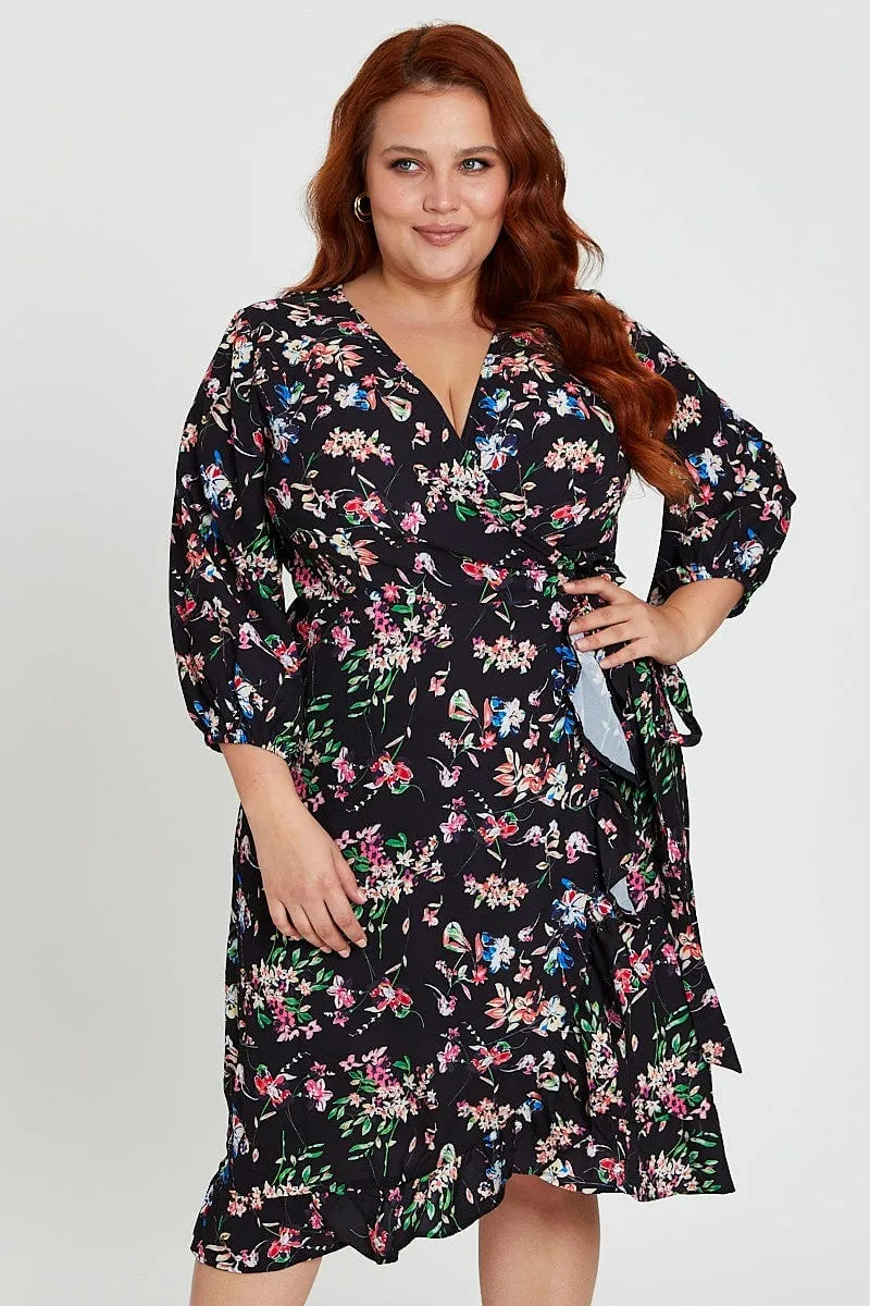 Vibe Style Minimal Tone Floral Print Maxi Dress V-neck Long Sleeve