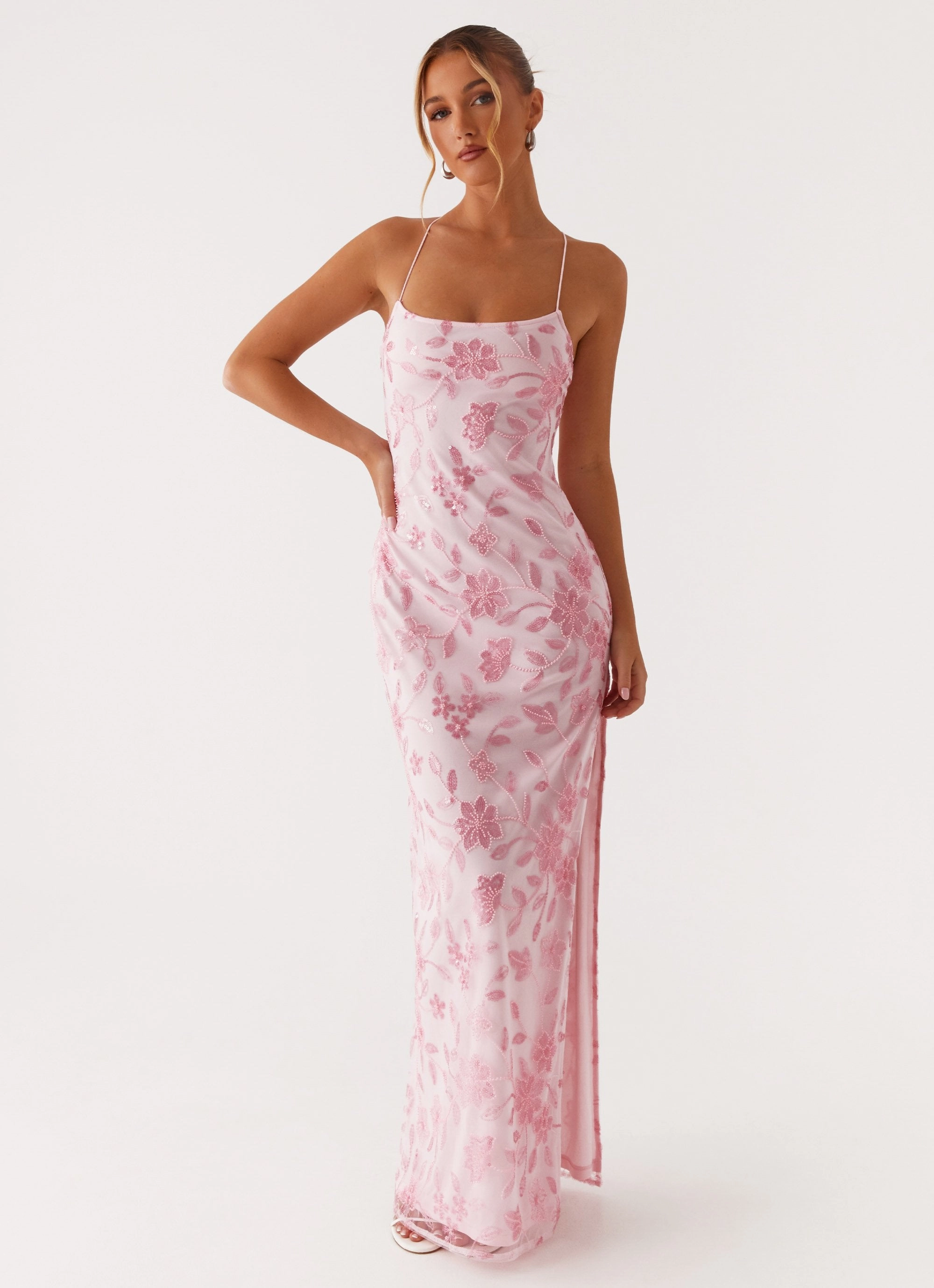 Halter-Neck Bright Lights Beaded Maxi Dress - Pink