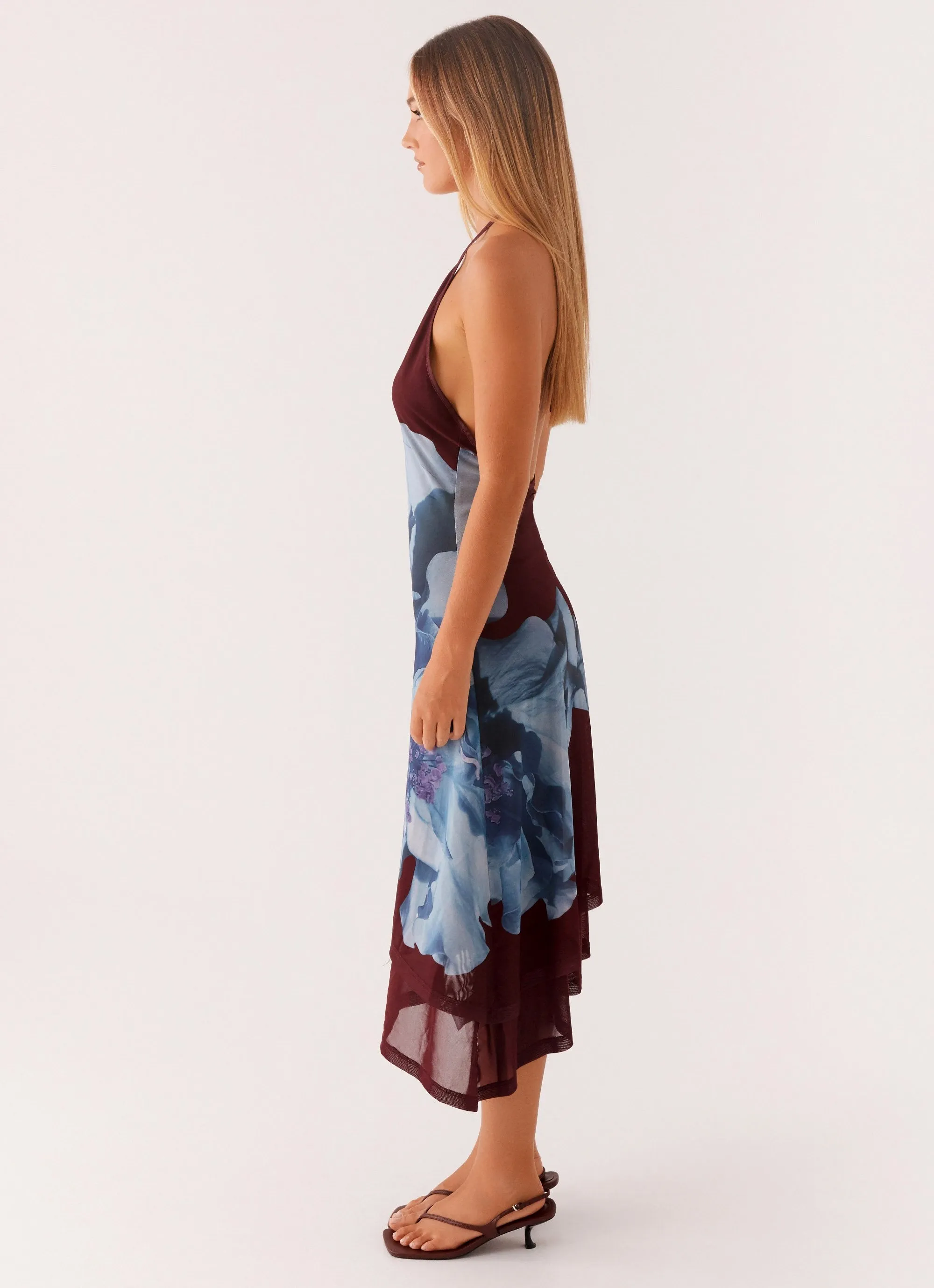 Flared shape Brinley Halterneck Midi Dress - Maroon Print