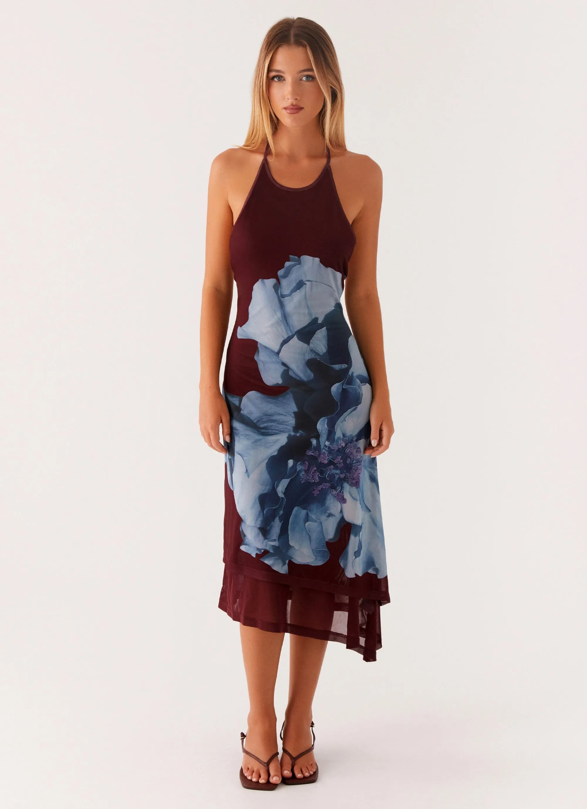 Brinley Halterneck Midi Dress - Maroon Print Trendy Design