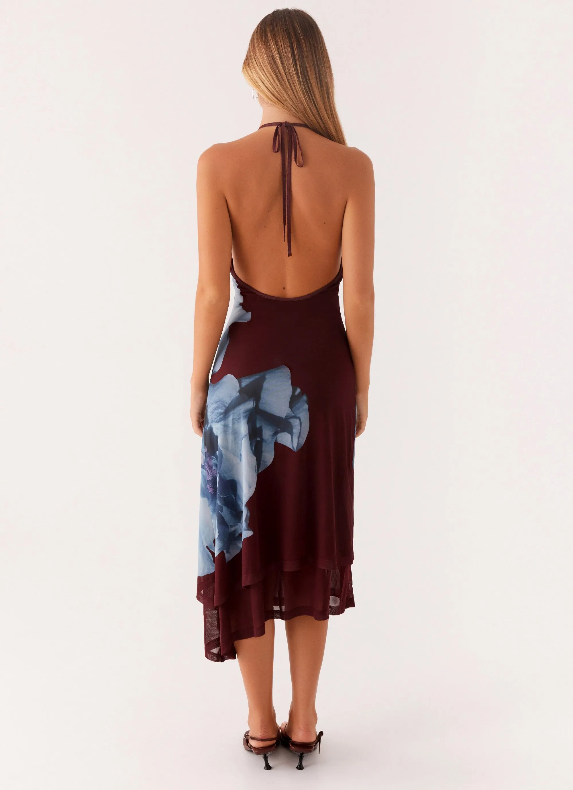 Pose Sweet Brinley Halterneck Midi Dress - Maroon Print