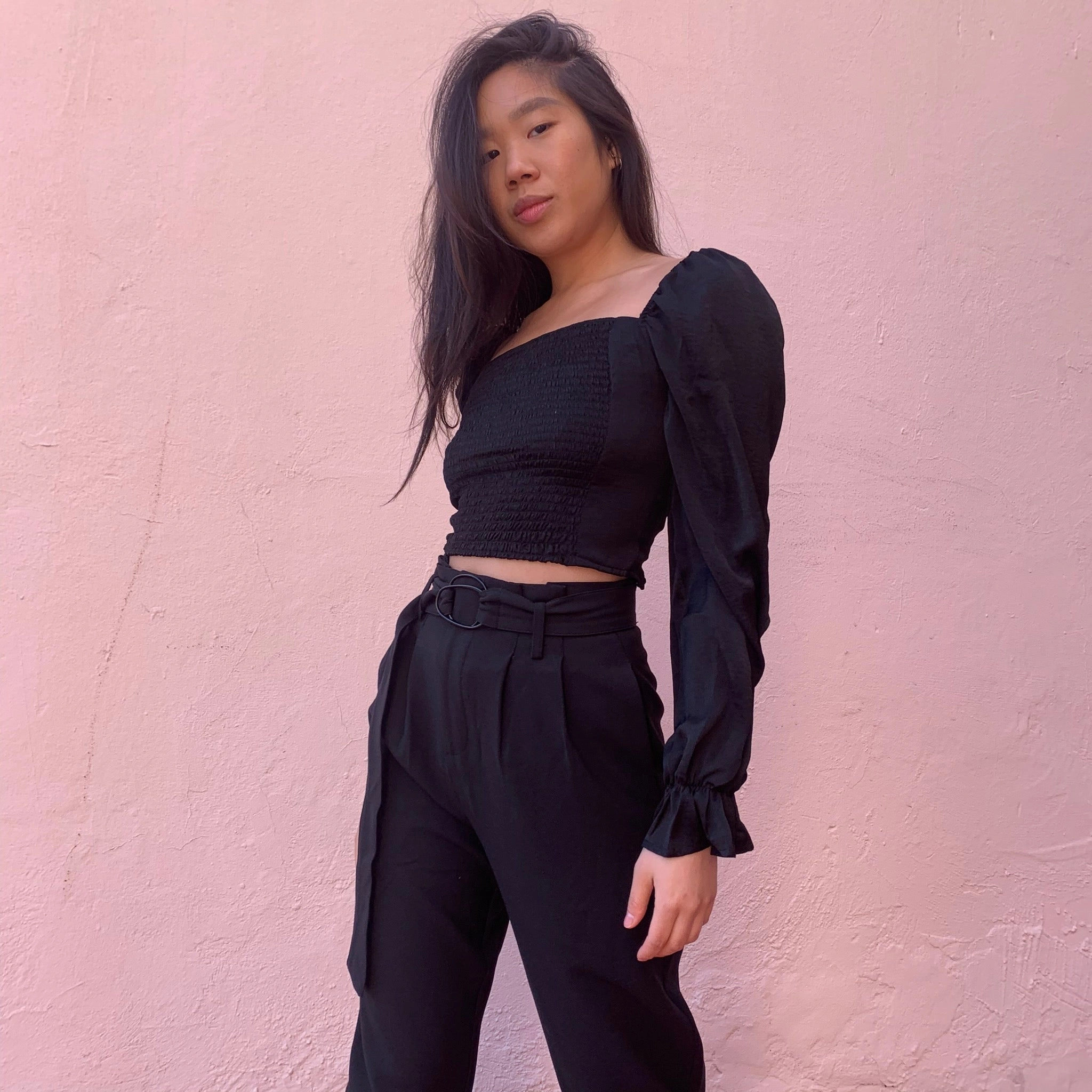 Pastel tone Travel related BRIT Ruched Front Long Sleeve Top