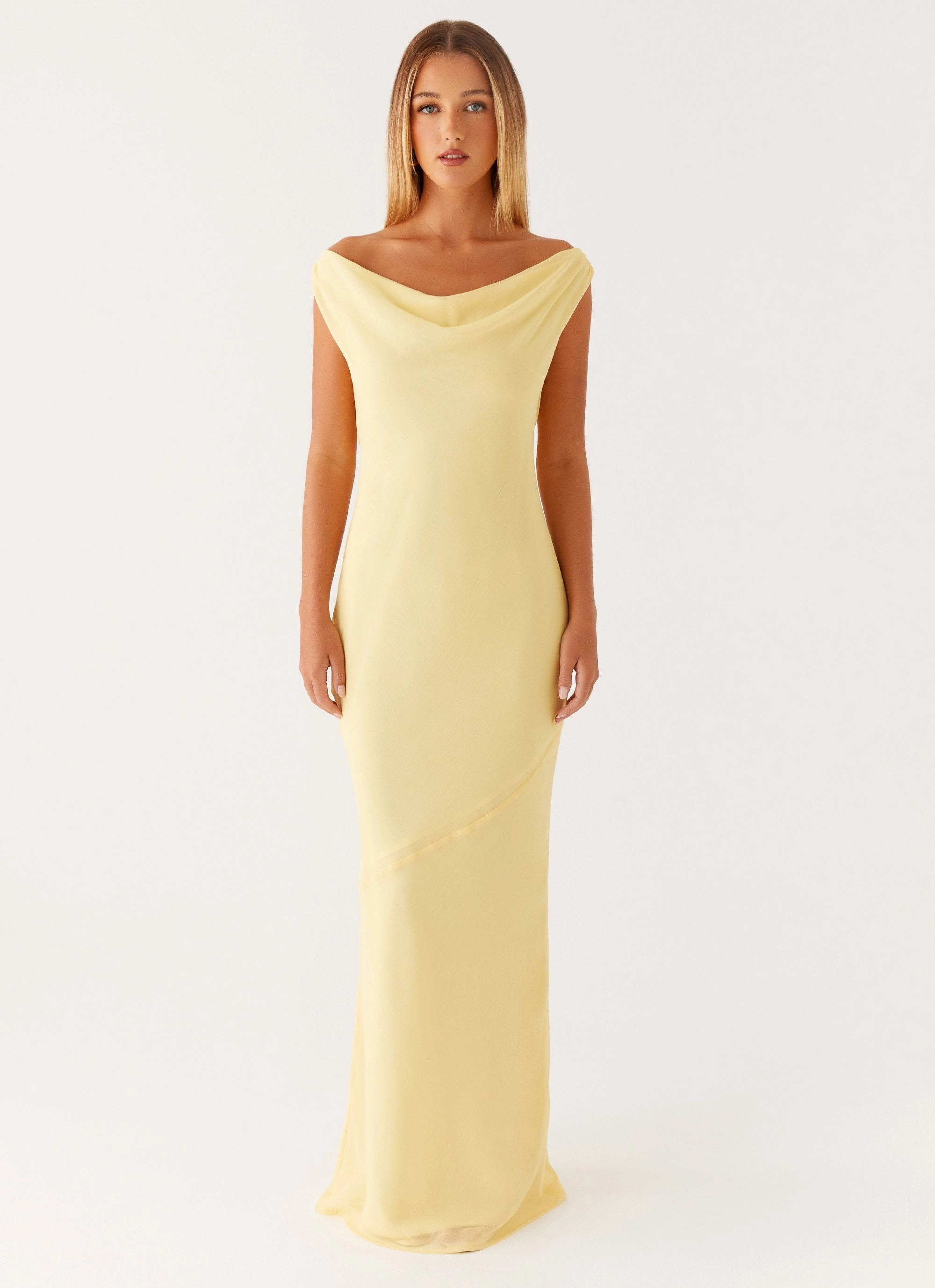 Brittany Chiffon Maxi Dress - Pastel Yellow Stylish Look Shiny Zip
