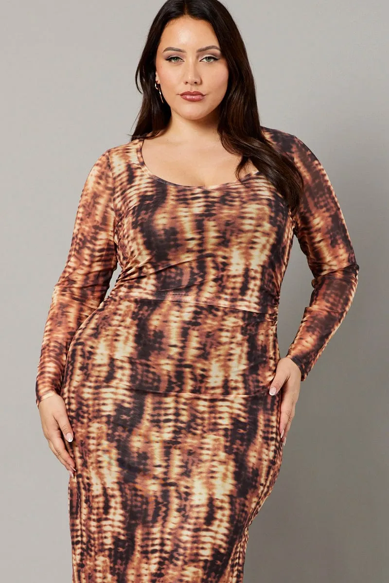 Cotton Skin Brown Abstract Long Sleeve Mesh Tie Dye Midi Dress