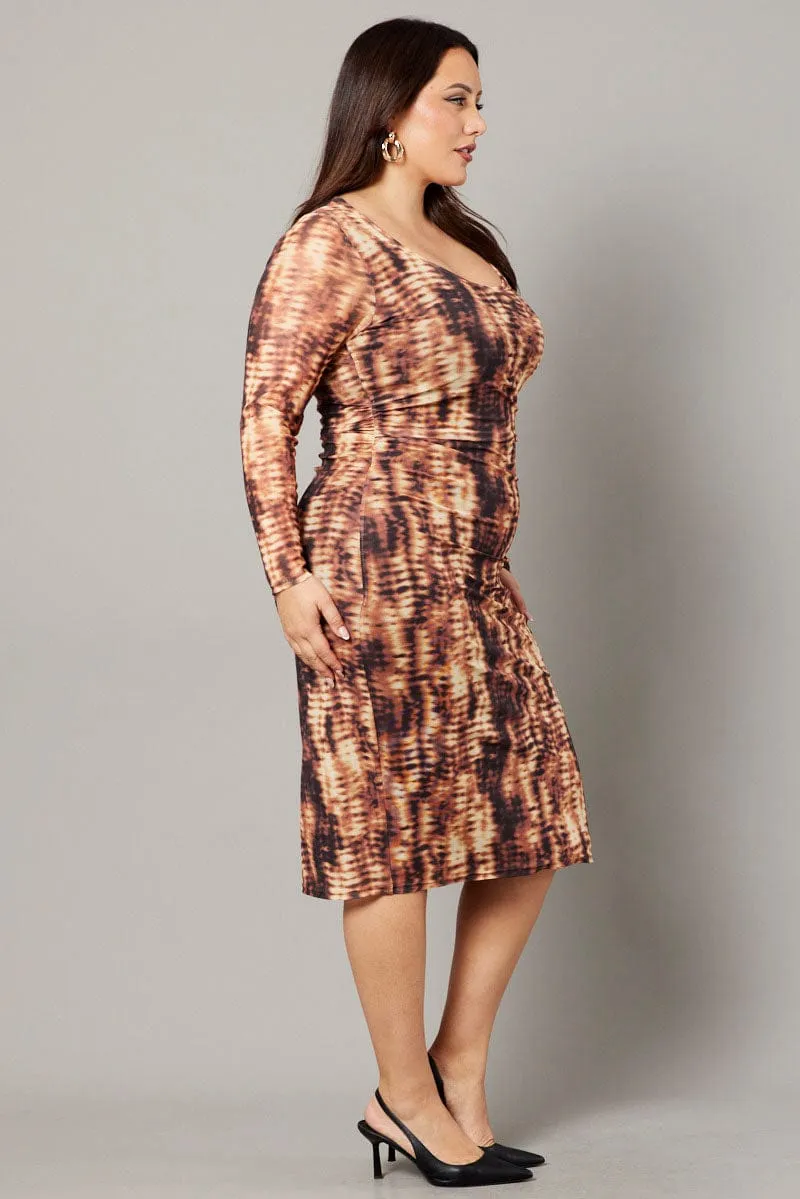 Brown Abstract Long Sleeve Mesh Tie Dye Midi Dress Pleated-Texture