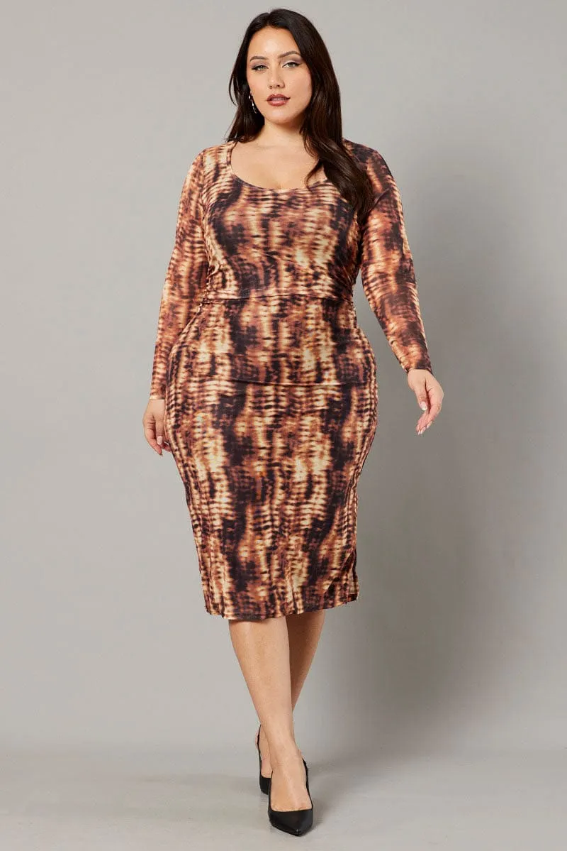 Brown Abstract Long Sleeve Mesh Tie Dye Midi Dress Tactile Feel