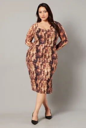 Brown Abstract Long Sleeve Mesh Tie Dye Midi Dress tailored look Applique-Detail