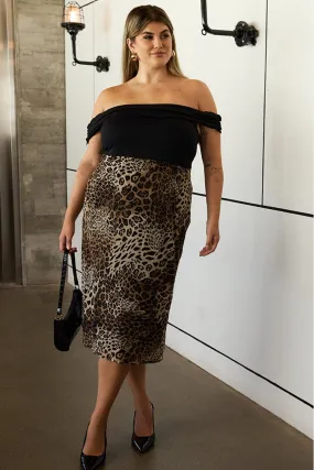 Breath Ease Brown Animal Print Midi Dress Off Shoulder