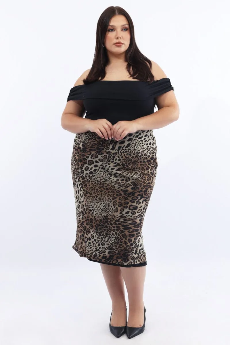 Refined Stitch Brown Animal Print Midi Dress Off Shoulder