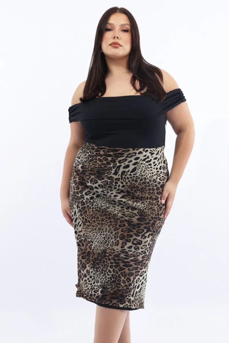 Metallic-Shine Breathable Design Brown Animal Print Midi Dress Off Shoulder