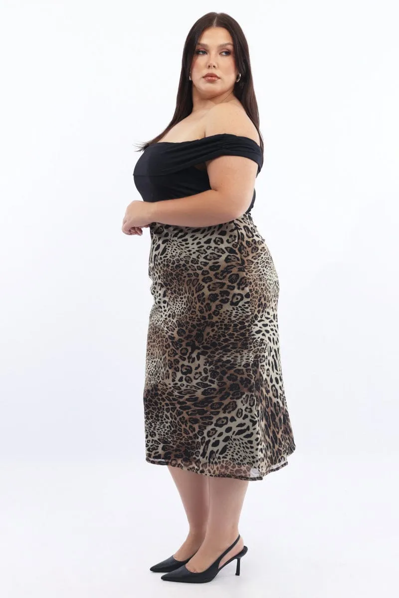 Brown Animal Print Midi Dress Off Shoulder High Hemline Polite Tone