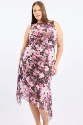 All Timewear Brown Animal Print Midi Dress Sleeveless Mesh Hanky Hem