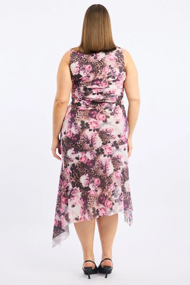 Brown Animal Print Midi Dress Sleeveless Mesh Hanky Hem Cozy Tones Feminine Vibe