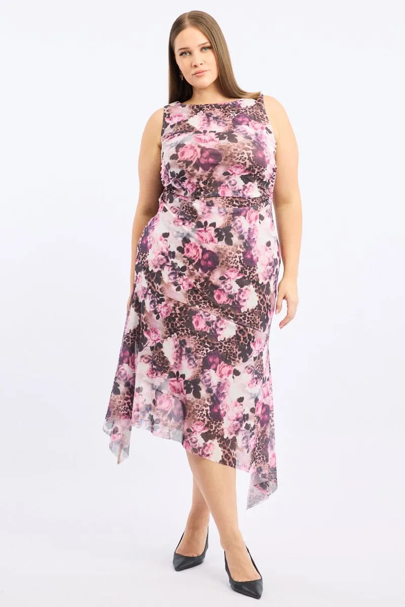 Soft Air Brown Animal Print Midi Dress Sleeveless Mesh Hanky Hem