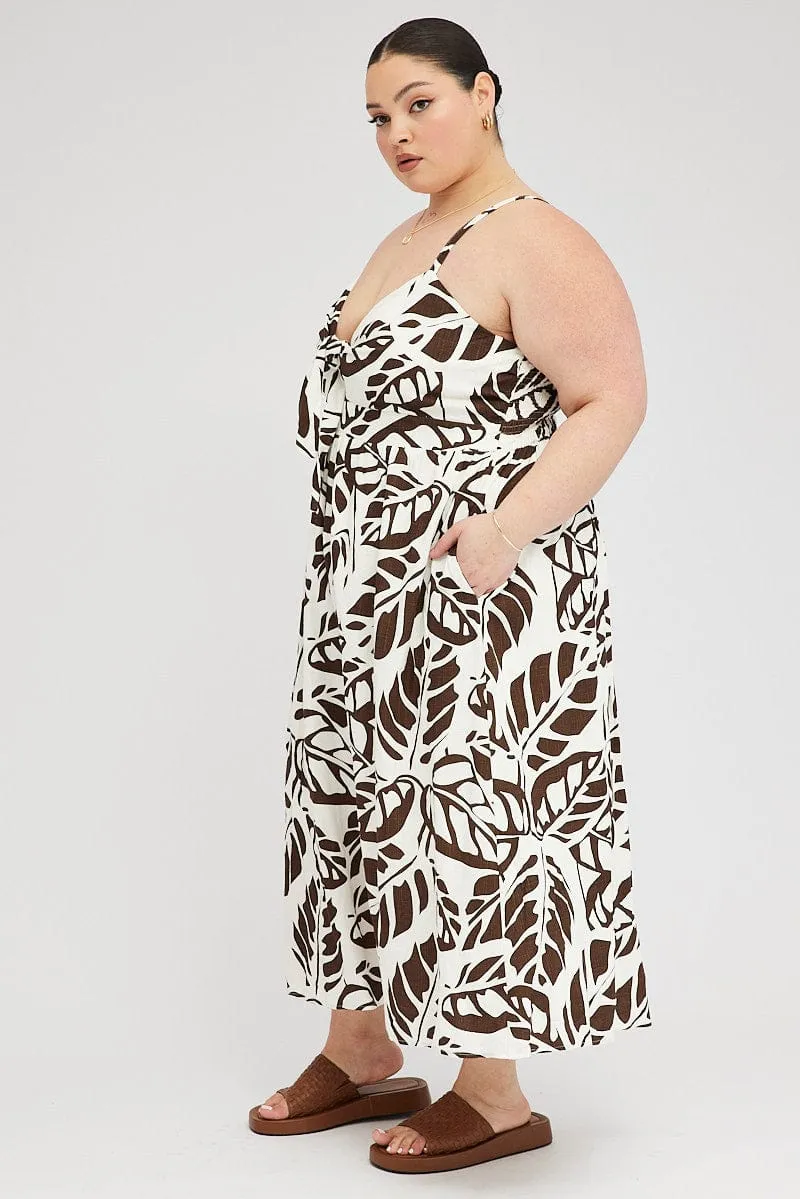 Brown Floral Midi Dress Linen Blend Sleeveless Pocket Front Fashionable Style