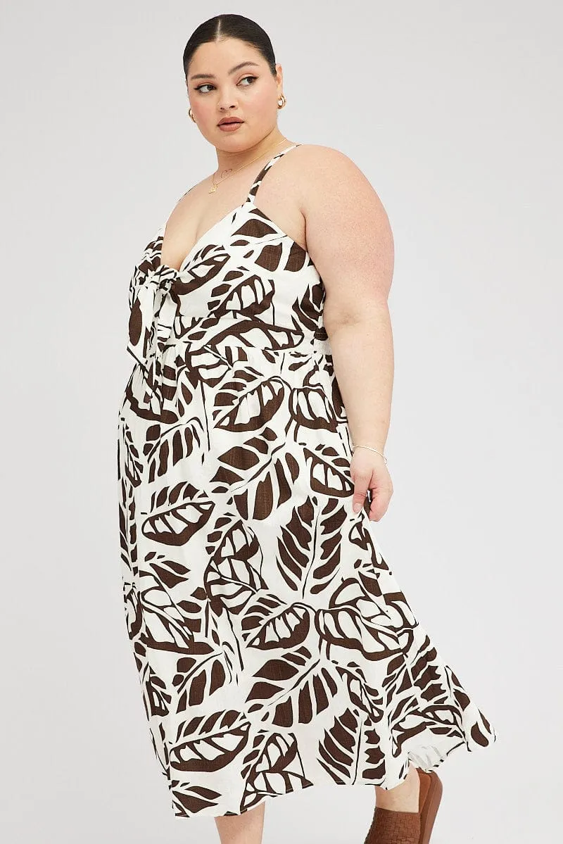 Sunny Lace Brown Floral Midi Dress Linen Blend Sleeveless Pocket Front