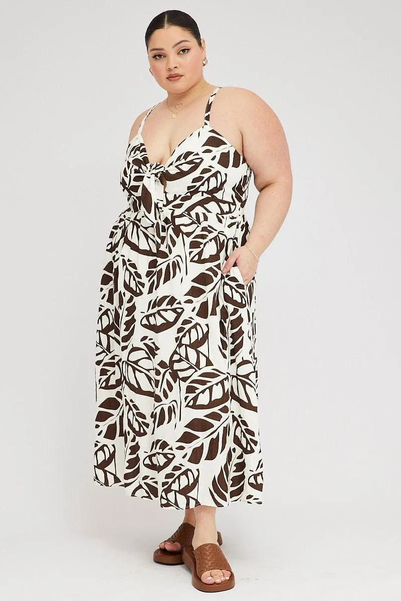 Brown Floral Midi Dress Linen Blend Sleeveless Pocket Front Embroidered Fabric Dinner Outfit