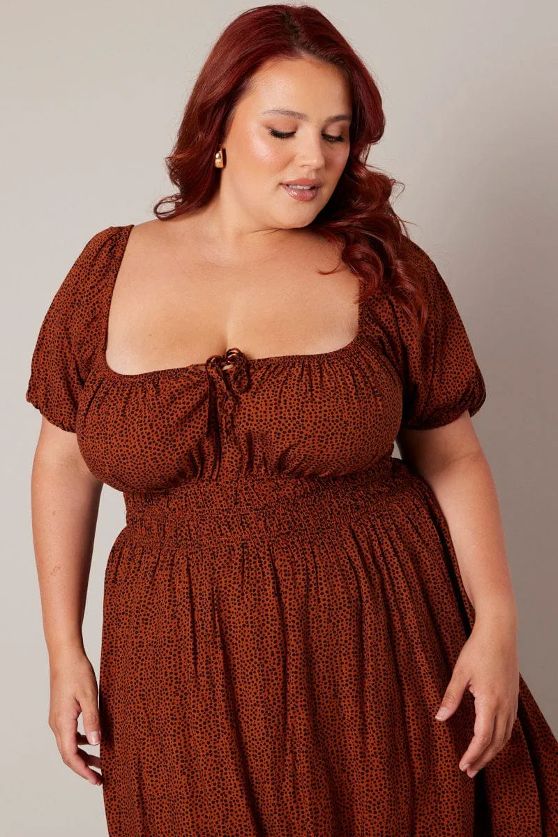 Figure-Skimming Brown Geo Midi Dress Short Sleeve Ruched Bust