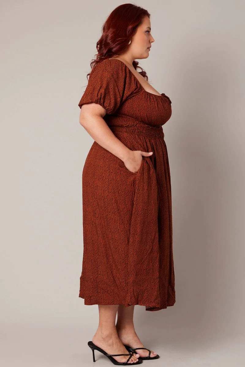 Brown Geo Midi Dress Short Sleeve Ruched Bust Cool Motion Elastic-Waist