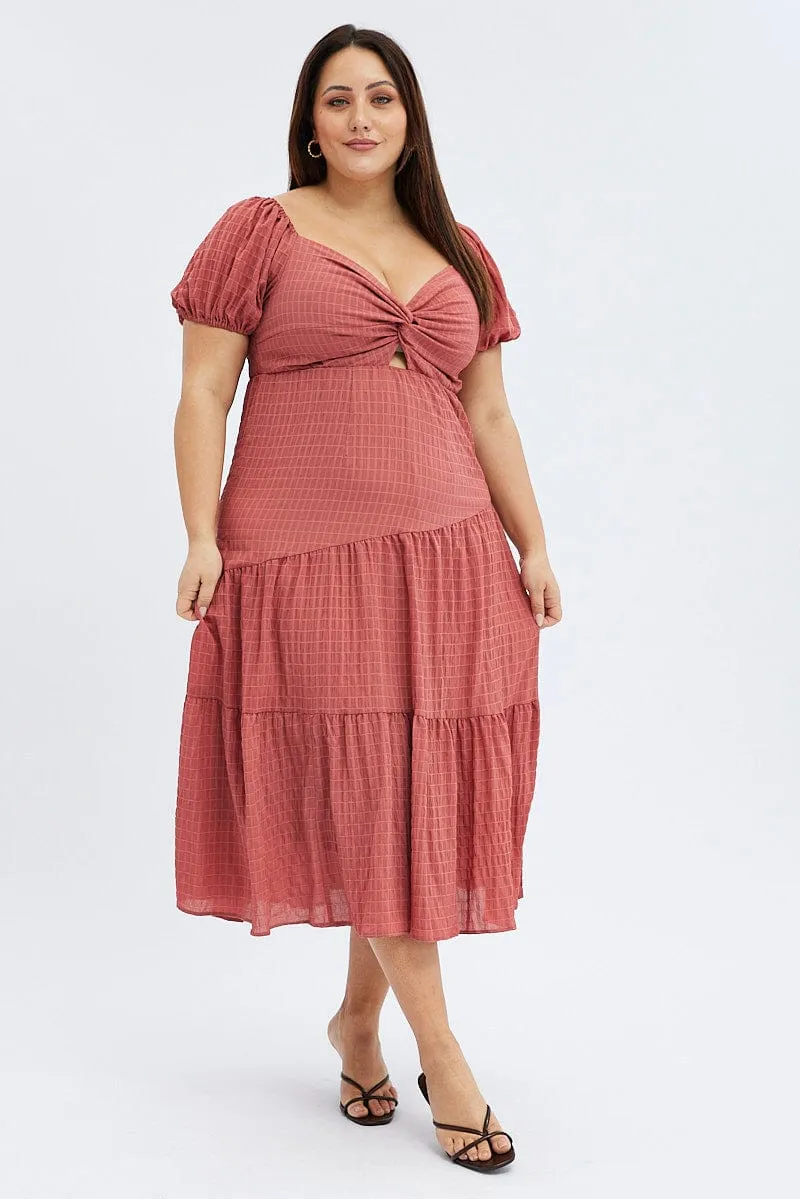 Brown Midi Dress Short Sleeve Cut Out Aura Glow Dreamy Simplicity