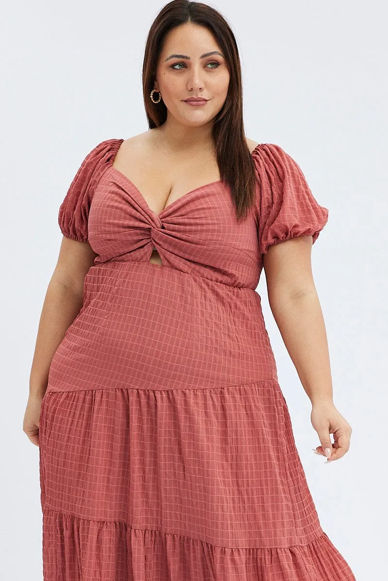 Heart Tone Brown Midi Dress Short Sleeve Cut Out