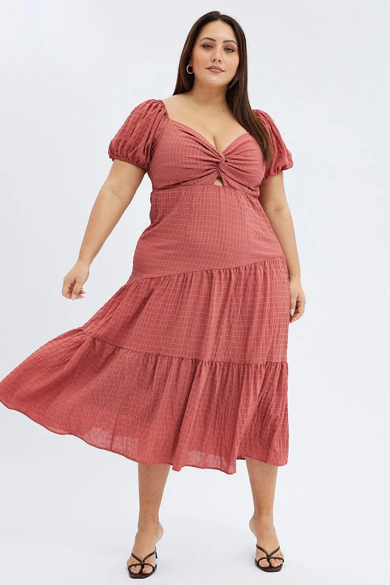 Edge Shape Brown Midi Dress Short Sleeve Cut Out